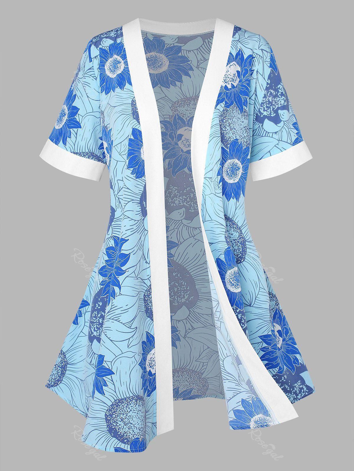 Plus Size Sunflower Print Open Kimono - L