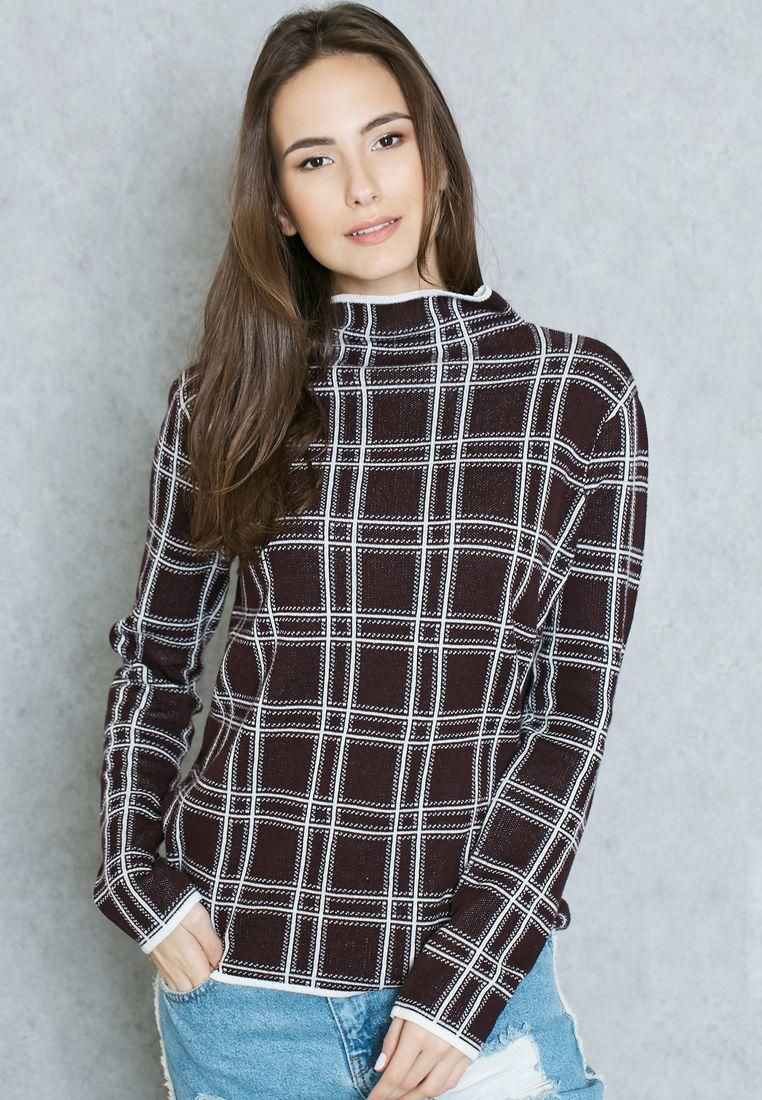 High Neck Checked Sweater