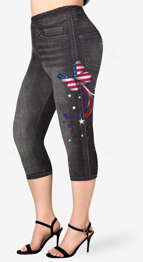 Plus Size Patriotic 3D Jeans Butterfly American Flag Printed Capri Jeggings - 5x | Us 30-32