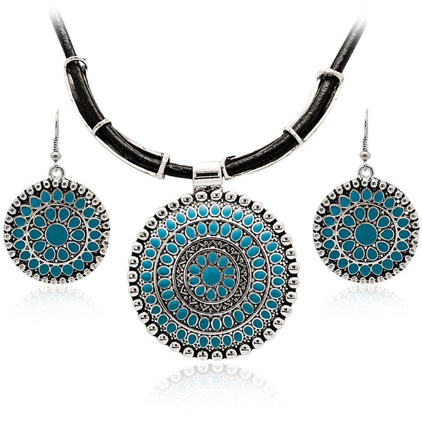 Mysmar White Gold Plated Black Cord Sea Green and Silver Pendant Set [MM342]