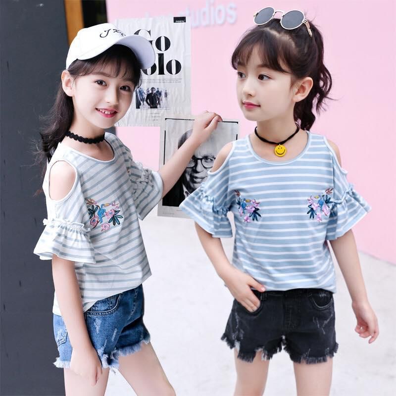 Koolkidzstore Girls T-Shirt Off-Shoulder Striped Floral Embroidery - 6 Sizes (Blue - White)