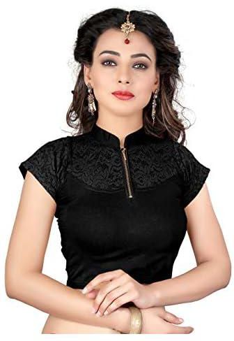 Indian Ethnic Design Stretchable Cotton Lycra Blouse Black Tops Readymade Saree Blouses Short Sleeve Crop Top, Black, One size