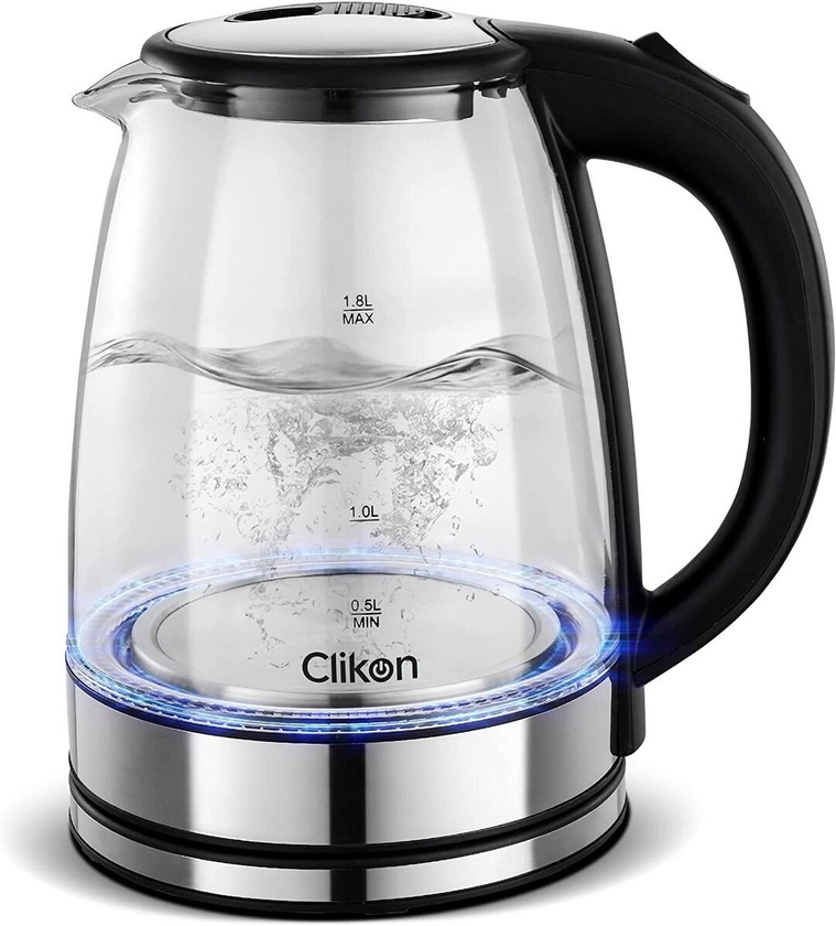 Clikon 1.8 Litre Glass Body Electric Kettle With LED Glow Indicator, Cordless, Boil Dry Protection, Smart Power Off Technology, 1500 Watts (CK5138)