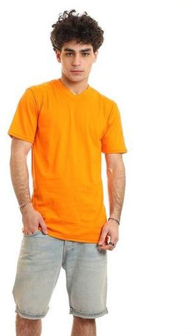 Andora Slip On V Neck Basic T-Shirt - Orange