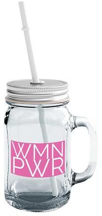 جرة ميسون زجاجية مزودة بماصة ومطبوعة بعبارة "WMN PWR" باللون الوردي شفاف 15سنتيمتر