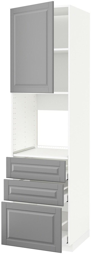 METOD / MAXIMERA High cab f oven w door/3 drawers, white, Bodbyn grey, 60x60x220 cm