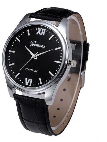 Mcykcy New Men Leather Stainless Steel Dial Quartz Wrist Watch-Black