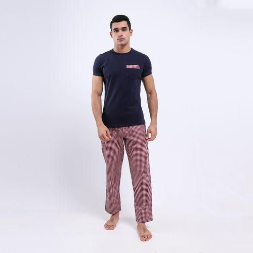 Kady Round Neck Side Pocket Pajama Set - Navy Blue & Red