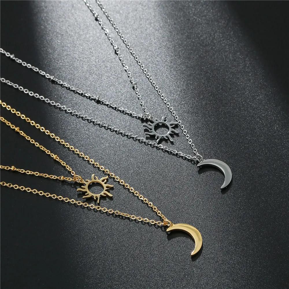 Stainless Steel Sun Moon Multilayer Neckchain Titanium Steel Double Layer Necklace Female Simple and Elegant Small Crowd Collar Chain Female
