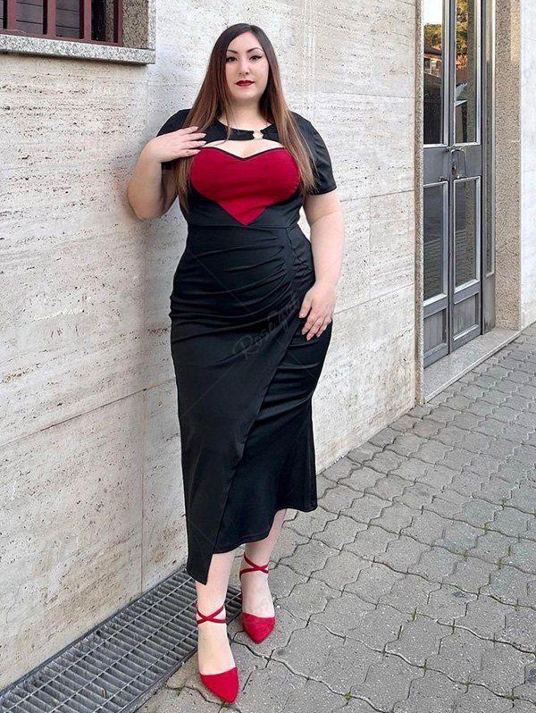 Plus Size Valentine Day Ring Heart-shaped Colorblock Ruched Cutout Mermaid Dress - 2x | Us 18-20