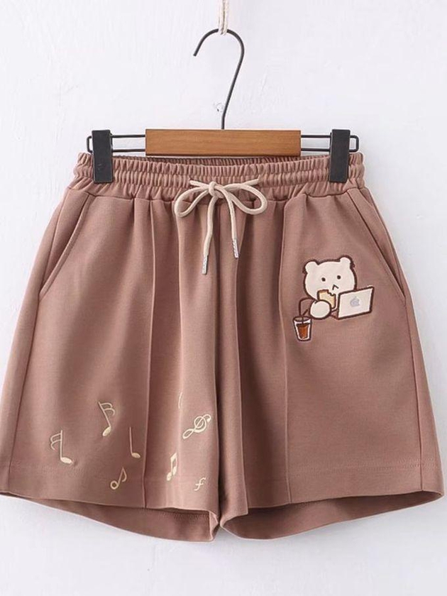 Fashion Cartoon Bear Embroidery Cotton Shorts Women Summer Clothing Sweet Style Kawaii Girls Cute Short Pants Drawstring Bottoms-bear 2