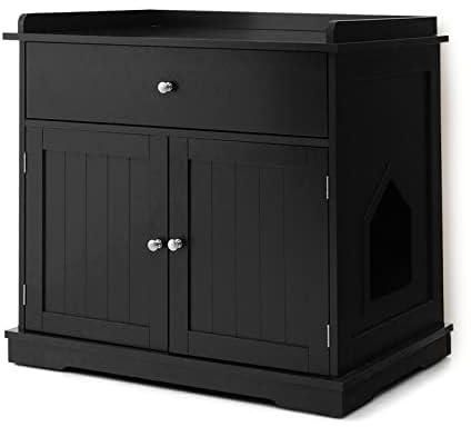 Maxmass Cat Litter Box Enclosure, Hidden Kitty Washroom Toilet with Large Drawer and 2 Doors, Wooden Cat House Furniture for Bedroom, Living Room and Bathroom (Black)