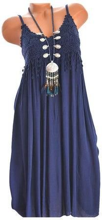 فستان كلاسيكي بدون أكمام مزين بزهور من الدانتيل أزرق