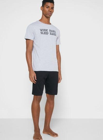 Slogan Printed T-Shirt And Pyjama Shorts Set Grey/Black