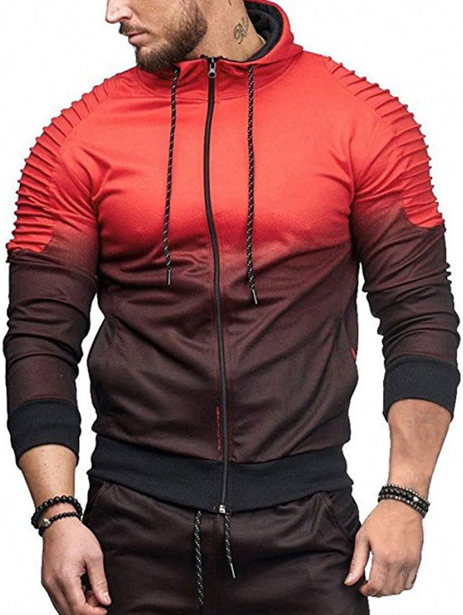Gradient Print Shoulder Pleated Sports Zip Hoodie - L