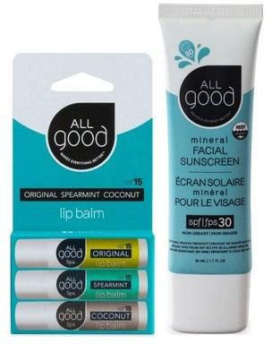 All Good Spf 15 Lip Balm & Facial Sunscreen Bundle Calendula Olive Oil Beeswax Vitamin E Includes (1) Spf 15 Lip Balm 3Pack And (1) Spf 30 Facial Sunscreen