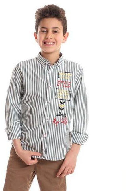 Andora Striped Boys Shirt With Side Stitched Patch - Grey & White