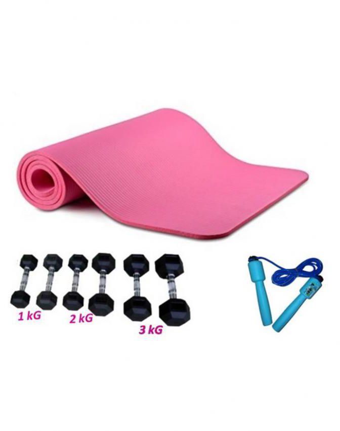 Union Fitness Mat W/ Carry Strap - Pink + Dumbbells - 6 Pcs + Exercises Rope