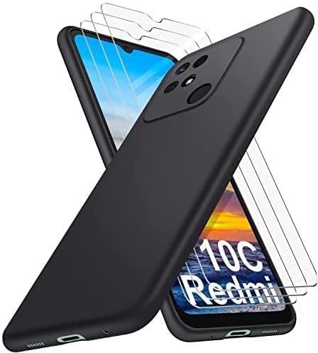 SOGUDE Xiaomi Redmi 10C Case, 3 Pieces Tempered Glass Screen Protector for Xiaomi Redmi 10C + Soft Premium Silicone TPU Case Cover for Xiaomi Redmi 10C, Black