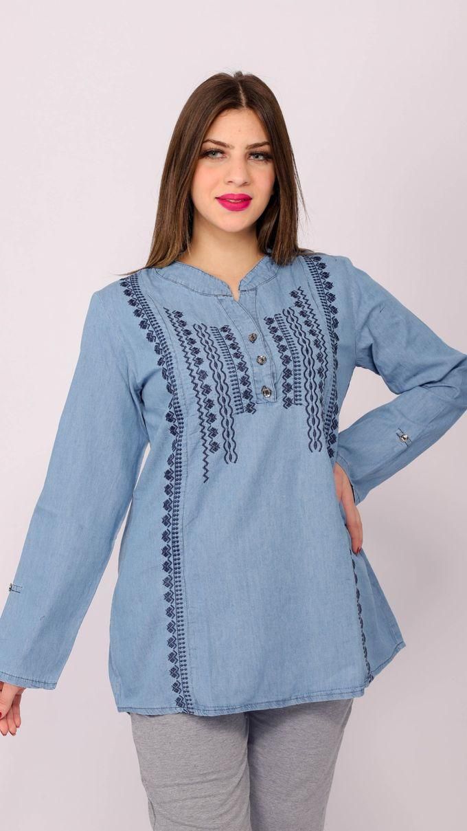 Women Jeans Blouse With Embroidery On The Chest
