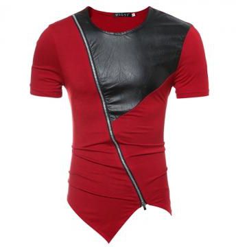 Sleeve Straight Zipper T Shirt O-Neck Slim Men T-Shirt Tops Fashion Mens Tee Shirt T Shirts 2XL red m