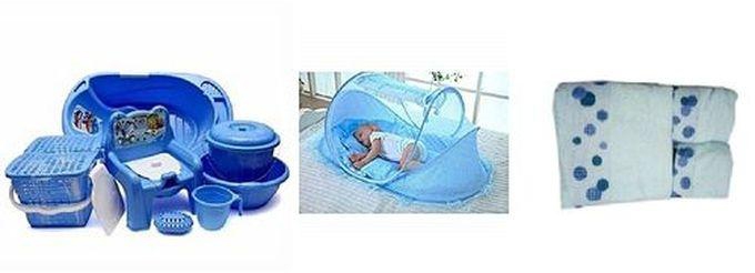 Happy Baby Baby Bath Set 7pcs - Blue + Pop Up Baby Bed Net -Blue + Varied Design Baby Bath Towel Set 3pcs- Blue