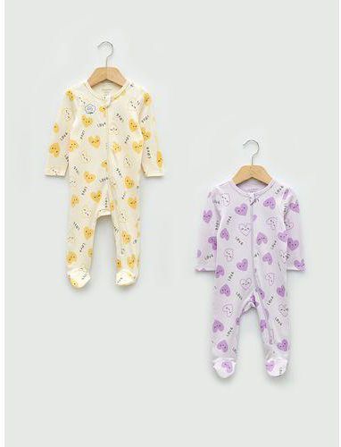 LC Waikiki Crew Neck Long Sleeve Printed Cotton Baby Girl Rompers 2 Pack