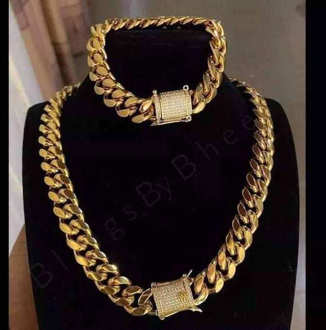 Quality Iced Out Cuban Link Gold Classic Steel Chain + Bracelet