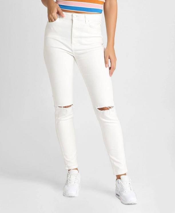 White Sculpted High-Rise Knee Slit Skinny Jeans