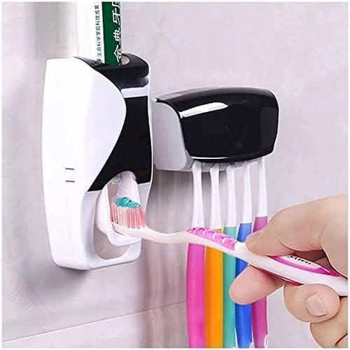 JUZR Toothbrush Holder With Cover Automatic Toothpaste Dispenser Set Dustproof With 3M Sticky Suction Pad Wall Mounted Kids Hands Toothpaste Squeezer For Washroom (Color May Vary, Plastic)