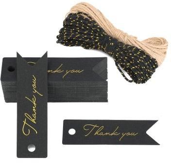 100 Pcs Black Mini Thank You Tags, 7x2 CM High-end Metallic Gold Small Paper Gift Tags as Wedding Favours Tags