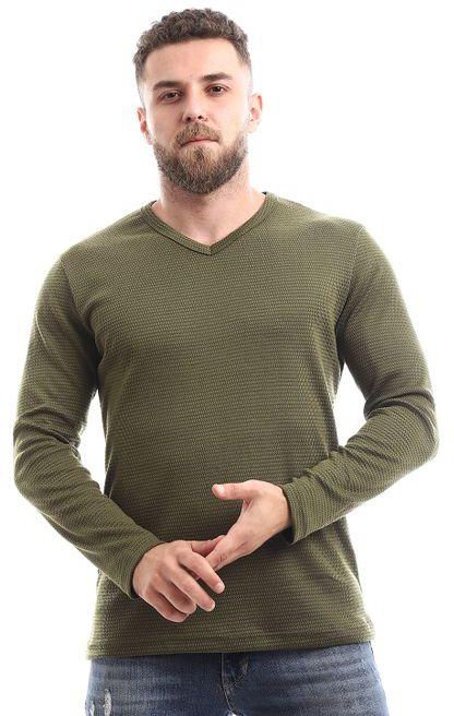 Kady Knitted V-neck Long Sleeves T-shirt - Olive
