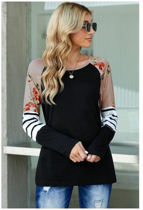 R Black Striped Floral Long Sleeve Top