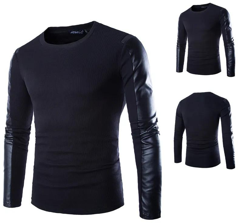 T-shirts Polos  Men's Clothes  Casual menswear Trendy Menswear  Men's Wear Fashion men's PU Leather Men's long sleeve T-shirt round neck Pullover T-shirt