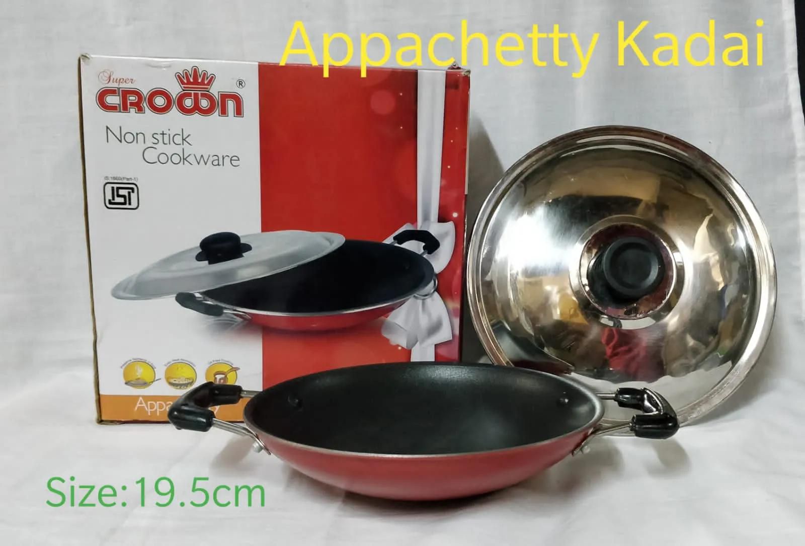 19.5 cm Kitchen Crown Non-Stick Appachetty Kadai with Stainless Steel Lid