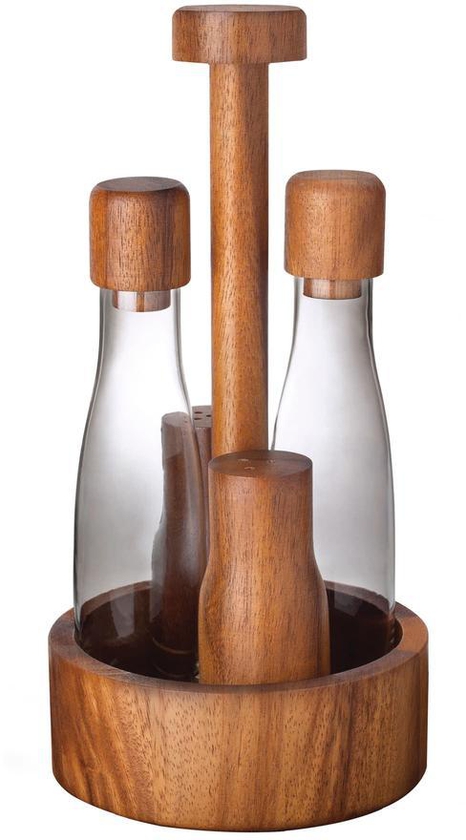 Billi Wooden & Glass Cruet W/ Salt & Pepper Shaker Set