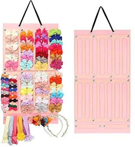 Hair Bows Holder, Bow Holder for Girls Hair Bows, Hair Clips Storage Hanger w/ 16 Ribbons, Hair Bows Organizer, Baby Hair Accessory Storage Display w/Sturdy Rope, Wall Hanging for Girl Room,