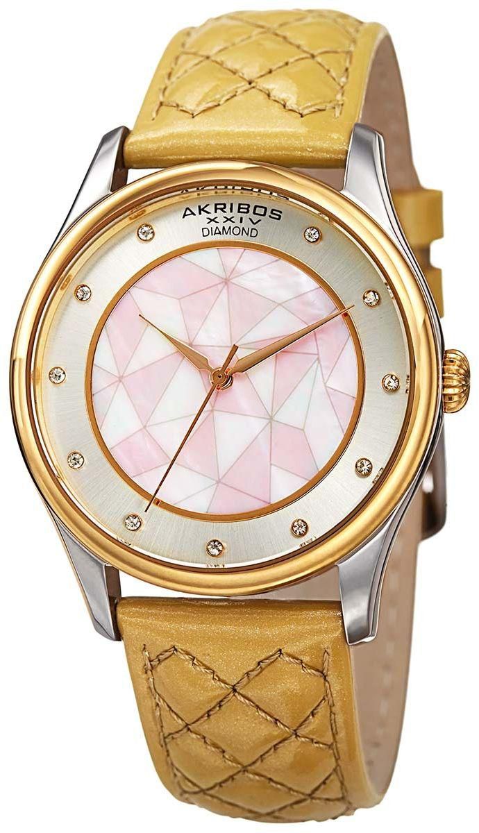 Akribos XXIV Geometric Pattern Dial with Diamonds Women's Silver Leather Band Watch - AK925GLD