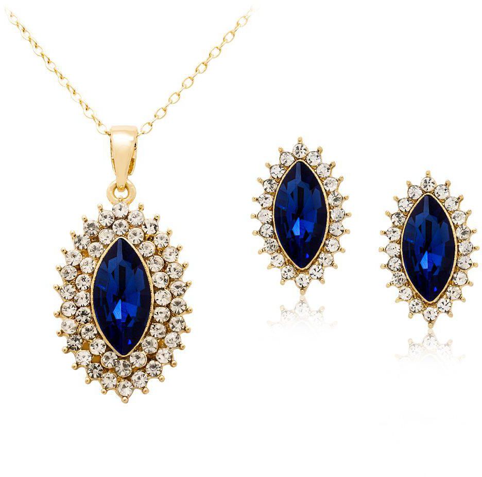 Mysmar Yellow Gold Plated Leaf Shape Blue Crystal Jewelry Set [MYMM427]