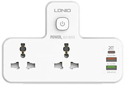 LDNIO Multi-Plug Power Extension Socket 20W Wall Plug Adapter With USB-C PD Quick Charge Port, 2 USB-A QC3.0, 2 Universal Power Sockets With UK 3 Plug And Touch Control Light for Home/School/Office