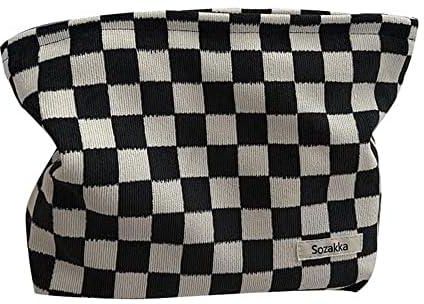 Checkered Makeup Bag, Corduroy Chessboard Cosmetic Bag for Purse, Small Cosmetic Pounch Cute Travel Checkered Cosmetic Bag for Women