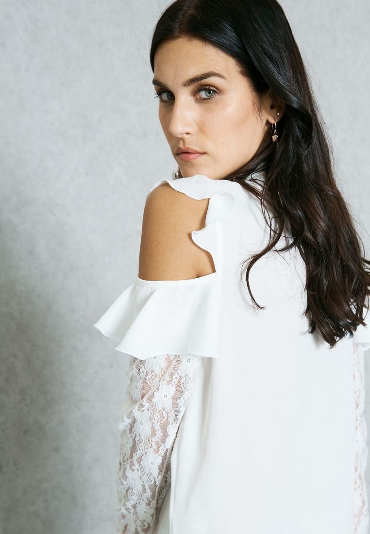 Lace Sleeve Ruffle Cold Shoulder Top