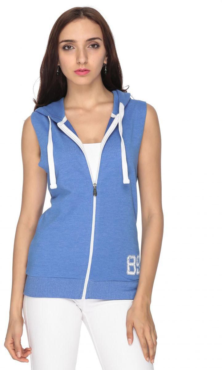 Diva London Sleeveless Shirt With Hood For Women - L, Blue