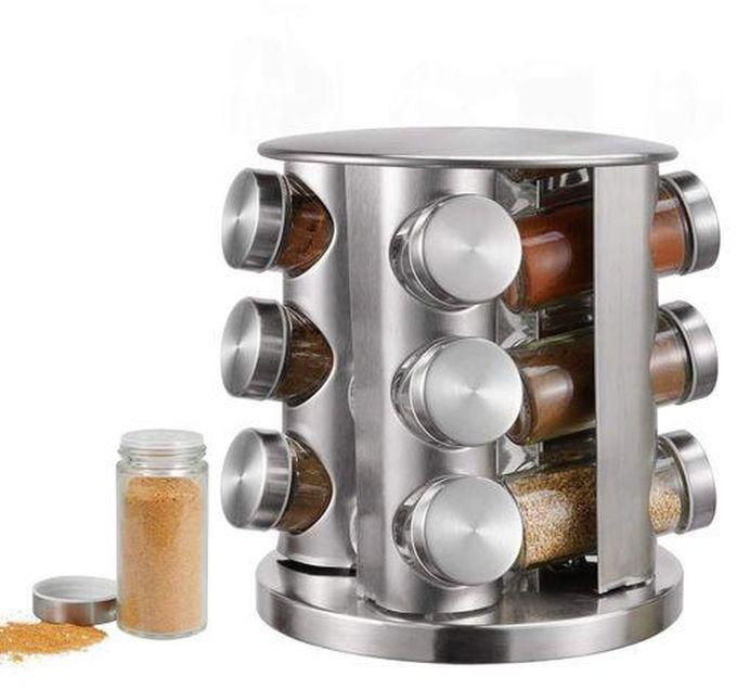 Genelec Rotating Spice Rack Organizer with 12 Jars - Revolving Standing Seasoning Tower with 12 Glass Bottles for Countertop Kitchen Cabinet, Stainless Steel, Silver