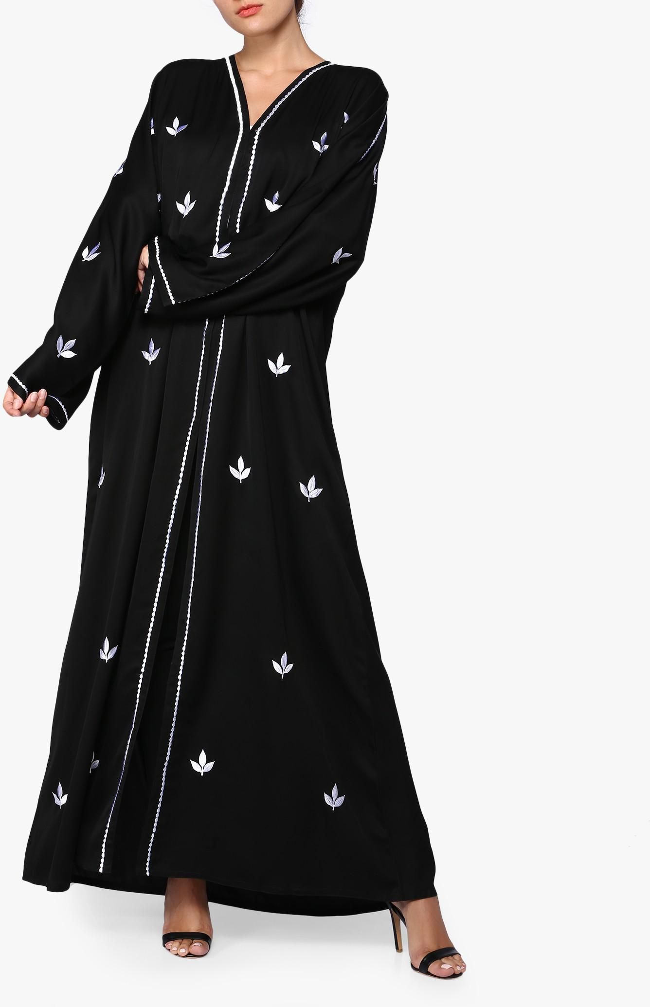 Black Leaf Motif Embroidered Abaya