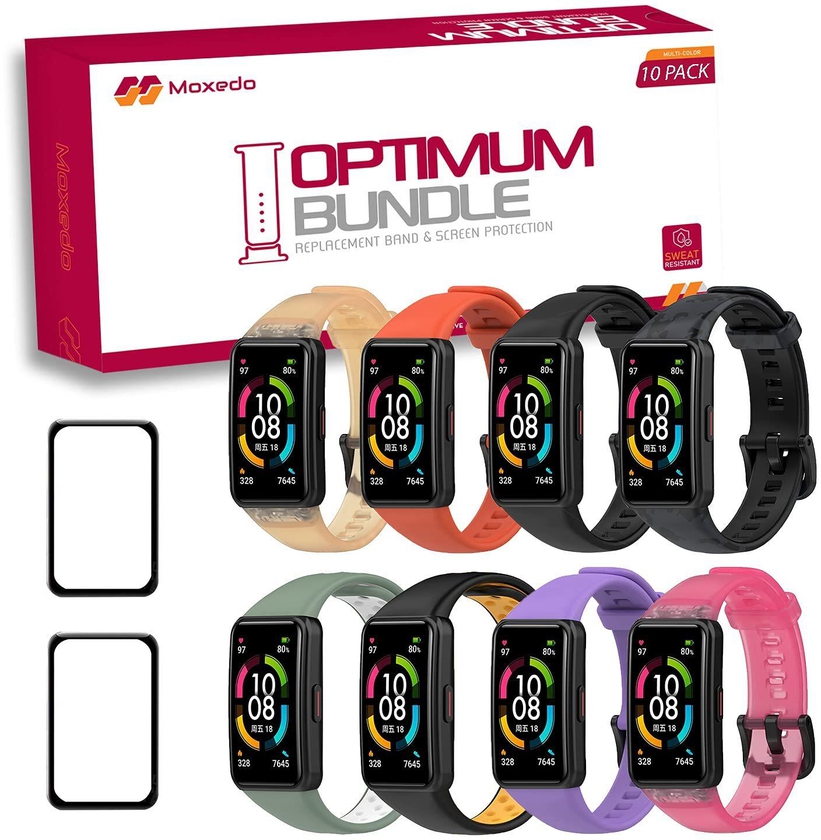 Moxedo Optimum Bundle Pack of 10, Multi-Color Silicone Replacement Strap Band with Screen Protector Compatible for Huawei Honor Band 6 (C-2)