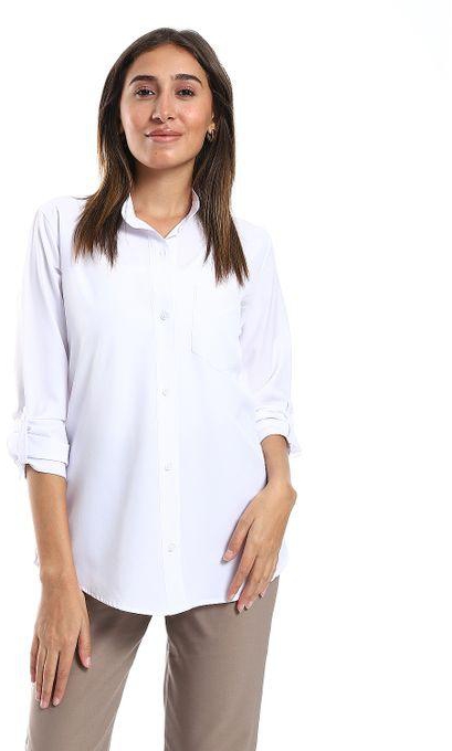 Women Casual Roll Up Sleeves Shirt - White
