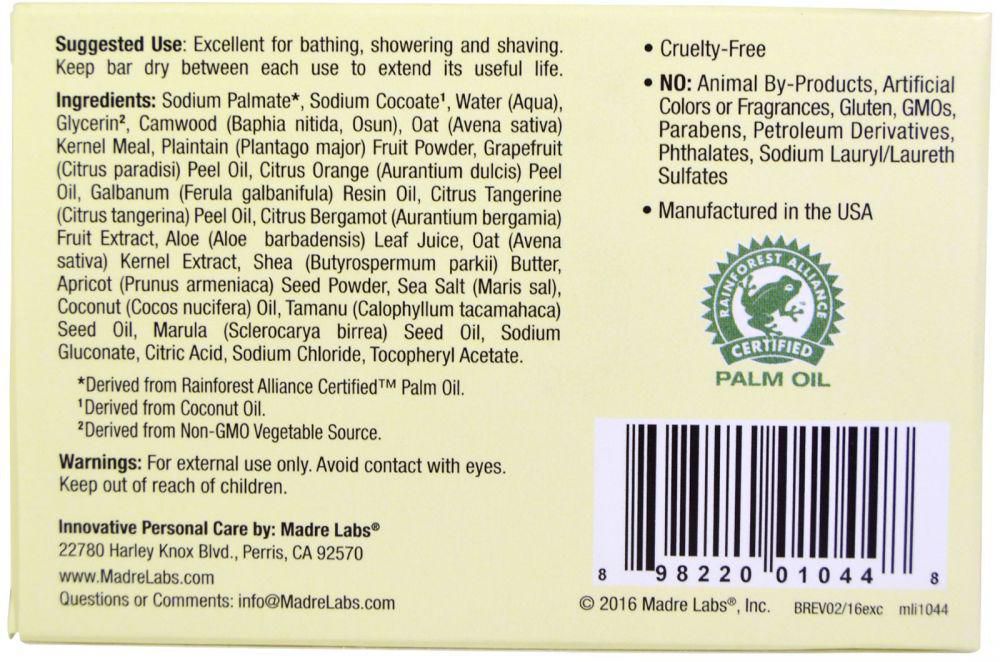 Madre Labs Exfoliating Soap Bar with Shea Butter, Marula - Tamanu and Citrus 141 g