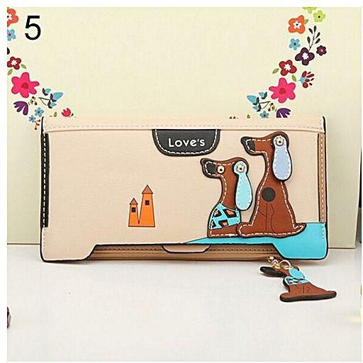 Sanwood Women Long Faux Leather Dog Pendent Wallet Double Zip Hasp Purse Card Holder Bag-Apricot