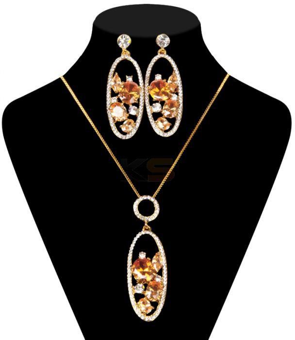 16K Gold Yellow Zircon Plated Diamond Oval Jewelry Set with Necklace/Earrings